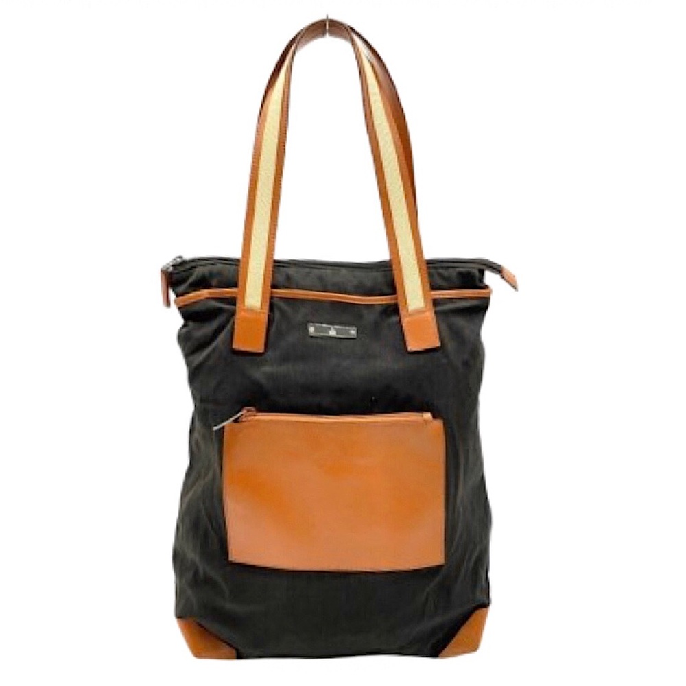 GUCCI Olive Green Canvas and Orange Leather Tricolor Top Zip Tote Bag